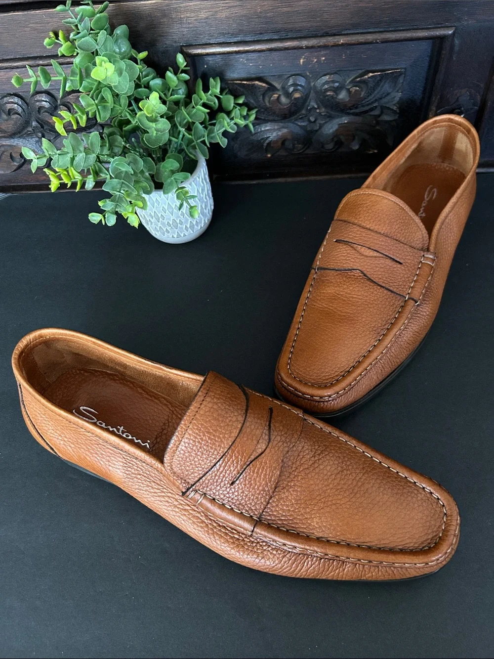Santoni Men's Cognac Pebbled Leather Penny Loafers